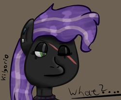 Size: 2552x2119 | Tagged: safe, artist:kilgorio, imported from derpibooru, oc, oc only, oc:lucy violetmane, earth pony, pony, choker, ear piercing, earring, emo, eyelashes, femboy, goth, green eyes, jewelry, makeup, male, one eye closed, piercing, pony ears, purple hair, purple mane, scar, simple background, solo, spiked choker, text