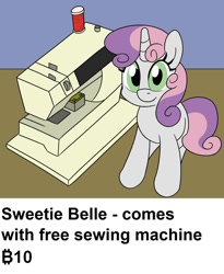 Size: 900x1100 | Tagged: safe, artist:unitxxvii, edit, imported from twibooru, sweetie belle, pony, unicorn, bits, cute, diasweetes, featured image, female, filly, foal, horn, image, implied rarity, looking at you, needs more jpeg, sewing machine, sitting, smiling, smiling at you, solo, text