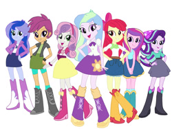 Size: 1032x774 | Tagged: safe, artist:anonymouswriter09, imported from derpibooru, apple bloom, princess cadance, princess celestia, princess luna, scootaloo, starlight glimmer, sweetie belle, equestria girls, belt, boots, clothes, clothes swap, cowboy boots, high heel boots, jacket, palette swap, recolor, shirt, shoes, simple background, skirt, socks, vest, white background