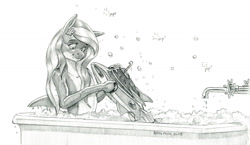 Size: 1500x867 | Tagged: safe, artist:baron engel, imported from derpibooru, oc, oc only, oc:marina (efnw), orca, orca pony, original species, bath, bath toy, bathtub, bubble, everfree northwest, female, monochrome, pencil drawing, popping, simple background, solo, submarine, traditional art, white background