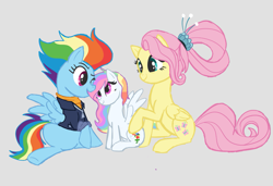 Size: 1453x995 | Tagged: safe, artist:crystalponiessss, imported from derpibooru, fluttershy, rainbow dash, oc, oc:rainbloom, pegasus, pony, family, female, filly, flutterdash, foal, gray background, lesbian, magical lesbian spawn, mare, multicolored hair, offspring, older, older fluttershy, older rainbow dash, parent:fluttershy, parent:rainbow dash, parents:flutterdash, rainbow hair, shipping, simple background, spread wings, trio, wings