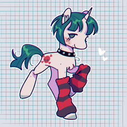 Size: 1864x1864 | Tagged: safe, artist:identitycrisps, imported from derpibooru, oc, oc only, pony, unicorn, aside glance, bangs, blush scribble, blush sticker, blushing, bobcut, chest fluff, choker, chromatic aberration, closed mouth, clothes, colored hooves, ear piercing, emo, full body, green mane, green tail, grid background, heart, heart ears, hooves, horn, leg warmers, looking at you, mole, no pupils, outline, piercing, short hair, short mane, side view, sideways glance, skull, skull cutie mark, smiling, smiling at you, solo, spiked choker, striped leg warmers, tail, unicorn oc, walking, white outline