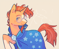 Size: 1520x1253 | Tagged: safe, artist:identitycrisps, imported from derpibooru, sunburst, pony, unicorn, aside glance, cape, chromatic aberration, closed mouth, clothes, constellation, eyebrows, glasses, horn, looking at you, male, no pupils, raised hoof, round glasses, sideways glance, smiling, smiling at you, solo, stallion, stars, stray strand, turned head