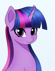 Size: 3500x4500 | Tagged: safe, artist:viaobscura, imported from derpibooru, twilight sparkle, unicorn, bust, horn, looking at you, portrait, simple background, smiling, solo