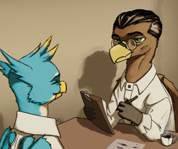 Size: 4200x3520 | Tagged: safe, artist:neither, imported from derpibooru, gallus, oc, oc:giovanni de gaspwingi, griffon, equestria at war mod, clipboard, clothes, coffee cup, cup, glasses, griffon oc, looking at each other, looking at someone, partially open wings, table, wings