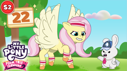 Size: 1281x720 | Tagged: safe, artist:prixy05, imported from derpibooru, angel bunny, fluttershy, pegasus, pony, rabbit, hurricane fluttershy, animal, buzzing wings, cap, coach angel bunny, duo, female, hat, headband, mare, my little pony, my little pony: form your friendship, rainbow dashs coaching whistle, thumbnail, whistle, whistle thief, wings