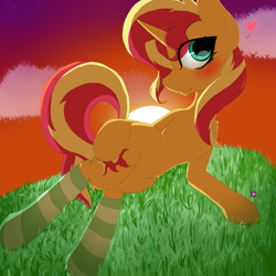 Size: 5000x5000 | Tagged: safe, artist:sharkbarkbarkk, imported from derpibooru, sunset shimmer, pony, unicorn, belly, blushing, clothes, cloud, cloudy, colored, date, female, flower, full body, grass, happy, heart, horn, in love, lying down, orange mane, socks, solo, solo female, striped socks, sunset, thigh highs, yellow coat, yellow mane