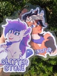 Size: 2250x3001 | Tagged: safe, artist:autumnsfur, imported from derpibooru, oc, oc only, oc:autumnsfur, oc:glitter stone, earth pony, badge, bandage, black hair, black mane, bust, chest fluff, clothes, con badge, diamond, duo, ear fluff, earth pony oc, female, fluffy, gray coat, gray fur, irl, male, mare, mare oc, multicolored hair, multicolored mane, orange coat, orange fur, outline, photo, ponysona, purple eyes, purple mane, raised hoof, scarf, smiling, stallion, stallion oc, text, white outline