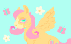 Size: 711x434 | Tagged: source needed, safe, artist:remmix, imported from derpibooru, fluttershy, pegasus, pony, blue background, female, flower, mare, simple background, solo, spread wings, wings