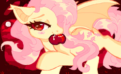 Size: 711x434 | Tagged: source needed, safe, artist:meloett, imported from derpibooru, fluttershy, bat pony, pony, apple, bat ponified, biting, female, flutterbat, food, mare, narrowed eyes, race swap, solo