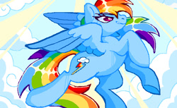 Size: 711x434 | Tagged: source needed, safe, artist:meloett, imported from derpibooru, rainbow dash, pegasus, pony, cloud, female, flying, mare, sky, smiling, solo