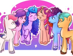 Size: 810x620 | Tagged: safe, artist:flutter._marine, imported from derpibooru, hitch trailblazer, izzy moonbow, pipp petals, sunny starscout, zipp storm, earth pony, pegasus, pony, unicorn, abstract background, applejack (g5), blushing, cheek to cheek, eyes closed, female, fluttershy (g5), g5, group photo, horn, looking at each other, looking at someone, male, mane five, mane six (g5), mane stripe sunny, mare, misty brightdawn, pinkie pie (g5), rainbow dash (g5), rarity (g5), rebirth misty, stallion, twilight sparkle (g5)
