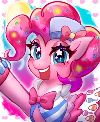 Size: 1678x2048 | Tagged: safe, artist:aiyu_berry, imported from derpibooru, pinkie pie, earth pony, pony, suited for success, blushing, bow, candy, candy corn, clothes, cute, diapinkes, dress, female, food, gala dress, hat, hoof shoes, lollipop, looking at you, mare, my little pony, open mouth, open smile, pinkie pie's first gala dress, smiling, smiling at you, solo, sprinkles in mane