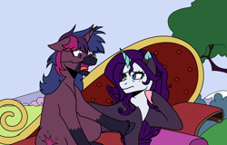 Size: 2500x1600 | Tagged: safe, artist:icey1517, artist:slapearl, color edit, edit, imported from derpibooru, rarity, twilight sparkle, pony, unicorn, alternate hairstyle, bush, colored, duo, duo female, fainting couch, female, glasses, lesbian, markings, messy mane, open mouth, pillow, rarilight, redesign, shipping, tree, unicorn twilight, unshorn fetlocks