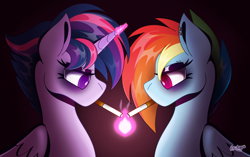 Size: 2162x1356 | Tagged: safe, artist:acidigon, imported from derpibooru, rainbow dash, twilight sparkle, alicorn, pegasus, pony, alternate hairstyle, cigarette, female, fire, glowing, glowing horn, horn, lesbian, piercing, punklight sparkle, rainbow punk, shipping, smoking, twidash, wings