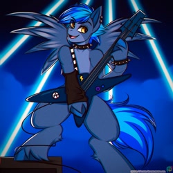 Size: 1000x1000 | Tagged: safe, artist:namelessplaza, imported from derpibooru, oc, oc only, oc:proffy floyd, pegasus, anarchy, bracelet, choker, commission, concert, ear piercing, earring, electric guitar, fangs, glowing, guitar, jewelry, light, lightning, male, music, musical instrument, open mouth, pegasus oc, piercing, smiling, stallion, wings