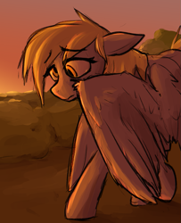 Size: 959x1181 | Tagged: safe, artist:sleepyhoers, imported from derpibooru, derpy hooves, pegasus, pony, bush, female, floppy ears, frown, looking at you, looking away, mare, solo, sunset, unhappy, wings