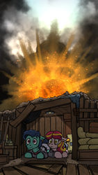 Size: 1080x1920 | Tagged: safe, artist:greyline, imported from derpibooru, earth pony, pony, equestria at war mod, background, explosion, gun, rifle, trench, weapon