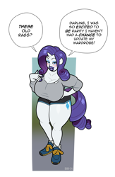 Size: 1562x2400 | Tagged: safe, artist:blackshirtboy, imported from derpibooru, rarity, human, big breasts, big lips, breasts, cleavage, darling, horn, lips, ponied up, pony ears, post-transformation, speech bubble, tail, thighs, thunder thighs, transformation, wide hips