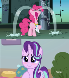 Size: 963x1079 | Tagged: safe, edit, screencap, pinkie pie, starlight glimmer, earth pony, pony, unicorn, friendship is magic, marks for effort, adorable face, blushing, castle of the royal pony sisters, crying, cute, daaaaaaaaaaaw, element of laughter, eyes closed, female, glimmerbetes, handkerchief, happy, mare, ocular gushers, open mouth, pinkie cry, raised hoof, sweet dreams fuel, tissue, weapons-grade cute