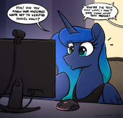 Size: 2347x2249 | Tagged: safe, artist:selenophile, imported from derpibooru, princess luna, alicorn, pony, computer, computer mouse, dialogue, ethereal mane, explicit source, female, implied princess celestia, jewelry, mare, monitor, mouse cursor, regalia, starry mane, text, webcam