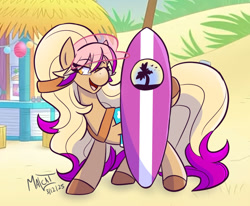 Size: 1308x1077 | Tagged: safe, artist:malcat, imported from derpibooru, horse, bailey (wild manes), beach, clothes, eye clipping through hair, female, gradient muzzle, lidded eyes, mare, open mouth, open smile, palm tree, saddle, sand, see-through, smiling, solo, surfboard, tack, tree, visor cap, wild manes