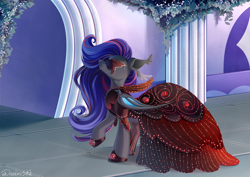 Size: 3508x2480 | Tagged: safe, artist:neonishe, imported from derpibooru, oc, oc only, oc:ebony rose, bat pony, butterfly, background, bat pony oc, bat wings, closed mouth, clothes, commission, dress, ear tufts, female, flower, folded wings, gemstones, glasses, mare, multicolored mane, rose, shoes, strut, sunglasses, walking, wings