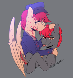 Size: 1134x1200 | Tagged: safe, artist:viktiipunk, imported from derpibooru, apple split, care package, special delivery, earth pony, pegasus, pony, apple family member, applepackage, blood, clothes, duo, duo male, gay, hat, holding knife, knife, looking at you, male, shipping, smiling, teeth, tongue out, wings