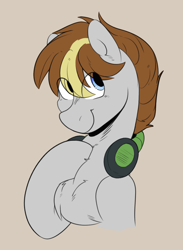 Size: 814x1109 | Tagged: safe, artist:viktiipunk, imported from derpibooru, oc, oc only, oc:evershade, earth pony, pony, chest fluff, headphones, headphones around neck, hoof on chest, looking away, male, smiling, stallion