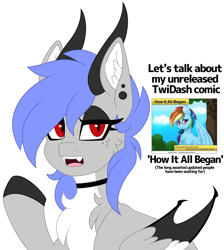 Size: 2925x3258 | Tagged: safe, artist:melodytheartpony, imported from derpibooru, rainbow dash, oc, oc:melody silver, dracony, dragon, hybrid, pony, comic:how it all began, choker, dragon wings, duo, ear piercing, eyelashes, fangs, feathered wings, female, feral, horns, looking at you, piercing, simple background, slit pupils, solo focus, update, white background, wings