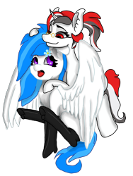 Size: 2242x2988 | Tagged: safe, artist:visserex52, imported from derpibooru, oc, oc only, oc:red rocket, oc:winter white, earth pony, pegasus, pony, unicorn, boots, clothes, duo, duo female, female, glasses, horn, latex, piggyback ride, shoes