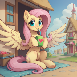 Size: 1024x1024 | Tagged: safe, imported from twibooru, fluttershy, pony, ai generated, drinking, drinking straw, ear fluff, female, image, juice, juice box, looking at you, mare, png, ponyville, prompter:teaspoon, sipping, sitting, smiling, solo, spread wings, wings