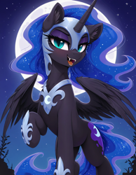 Size: 896x1152 | Tagged: safe, imported from twibooru, nightmare moon, alicorn, pony, ai generated, bedroom eyes, ear fluff, fangs, female, generator:zoinksnoob, image, looking at you, mare, night, open mouth, png, prompter:ramprover, solo, standing, wings