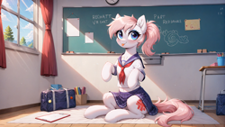 Size: 5456x3072 | Tagged: safe, imported from twibooru, nurse redheart, earth pony, pony, :p, ai generated, bag, bowtie, chalkboard, classroom, clock, closed mouth, clothes, cloud, curtains, day, ear fluff, eyebrows, eyebrows visible through hair, eyeshadow, female, fluffy, generator:stable diffusion, generator:zoinksnoob, image, looking at you, makeup, mare, png, prompter:thedaren666, school uniform, shirt, sitting, skirt, sky, smiling, smiling at you, solo, tongue out, window