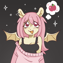 Size: 1599x1595 | Tagged: safe, artist:shrimpnurse, imported from derpibooru, fluttershy, anthro, bat pony, pegasus, :d, apple, bangs, bare shoulders, bat ponified, bat wings, black background, blush lines, blushing, breasts, cleavage, clothes, ear fluff, ear piercing, eye clipping through hair, fangs, female, flutterbat, food, front view, imagining, long sleeves, looking at you, off shoulder, open mouth, open smile, piercing, race swap, simple background, smiling, smiling at you, solo, sparkles, sweater, sweatershy, tanktop, thought bubble, upper body, wings