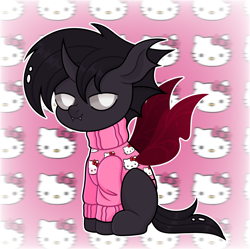 Size: 2699x2691 | Tagged: safe, artist:dena, imported from derpibooru, oc, oc only, oc:deonic, changeling, clothes, fangs, hello kitty, looking at you, looks back, pink, pink sweater, pleased, sanrio, sitting, smiling, smiling at you, sweater