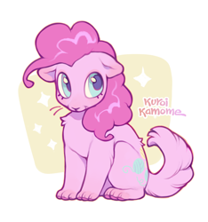 Size: 1236x1322 | Tagged: safe, artist:kuroikamome, imported from derpibooru, pinkie pie, cat, abstract background, catified, feline, female, paws, pink hair, pinkie cat, signature, smiling, solo, species swap, stars, whiskers, yarn, yarn ball