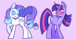 Size: 1704x901 | Tagged: safe, artist:shrimpnurse, imported from derpibooru, rarity, twilight sparkle, pony, unicorn, alternate cutie mark, alternate design, alternate eye color, blue eyeshadow, blush sticker, blushing, closed mouth, coat markings, colored pinnae, cyan eyes, diamond, duo, duo female, ear piercing, earring, eyeshadow, facial markings, female, full body, gradient mane, gradient tail, halftone, horn, jewelry, lidded eyes, long eyelashes, long legs, looking at you, makeup, mare, outline, piercing, pink eyes, purple background, raised hoof, redesign, ringlets, simple background, smiling, smiling at you, sparkles, standing, star (coat marking), striped horn, tail, turned head, unicorn twilight