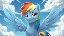 Size: 1365x768 | Tagged: safe, imported from twibooru, rainbow dash, pegasus, ai generated, cloud, cutie mark, female, image, looking at you, png, prompter:anongus, smiling, smiling at you, smug, solo, spread wings, wings