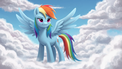 Size: 1365x768 | Tagged: safe, imported from twibooru, rainbow dash, pegasus, ai generated, cloud, cutie mark, female, image, looking at you, png, prompter:anongus, smiling, smiling at you, smug, solo, spread wings, wings