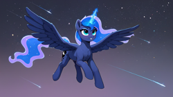 Size: 2560x1440 | Tagged: safe, artist:truekry, imported from twibooru, princess luna, alicorn, pony, ai generated, comet, ethereal mane, ethereal tail, female, flying, generator:tponynai3, glowing, glowing horn, horn, image, mare, night, night sky, png, prompter:truekry, sky, smiling, solo, spread wings, stars, wallpaper, wings