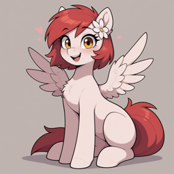 Size: 1024x1024 | Tagged: safe, imported from twibooru, oc, oc only, oc:tiny jasmini, pegasus, pony, ai generated, blushing, chest fluff, eyebrows visible through hair, female, flower, flower in hair, happy, image, looking at you, mare, open mouth, open smile, png, prompter:teaspoon, simple background, sitting, smiling, solo, spread wings, wings