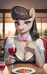 Size: 832x1288 | Tagged: safe, imported from twibooru, octavia melody, anthro, earth pony, ai generated, alcohol, breasts, clothes, date, dress, female, food, generator:autismmixpony, generator:pony diffusion v6 xl, generator:stable diffusion, glass, image, looking at you, octavia's bowtie, png, prompter:brazencaballo00091, smiling at you, solo, solo female, wine, wine glass