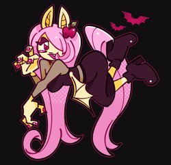 Size: 1164x1121 | Tagged: safe, artist:shrimpnurse, imported from derpibooru, fluttershy, anthro, bat, bat pony, digitigrade anthro, pegasus, :d, apple, bangs, bat ears, bat ponified, bat wings, black background, blush sticker, blushing, boots, clothes, fangs, female, floating, flutterbat, food, full body, goth, hair ornament, hair over one eye, halftone, high heel boots, legs in air, long hair, long skirt, long sleeves, long tail, looking at you, nail polish, open mouth, open smile, outline, race swap, raised hand, rawr, shoes, simple background, skirt, smiling, smiling at you, solo, tail, very long hair, wings