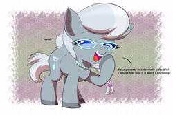 Size: 4096x2731 | Tagged: safe, artist:scandianon, imported from derpibooru, silver spoon, earth pony, pony, braid, eyebrows, eyebrows visible through hair, female, filly, foal, glasses, jewelry, necklace, onomatopoeia, raised eyebrows, smiling, smug, smug smile, squint, talking to viewer