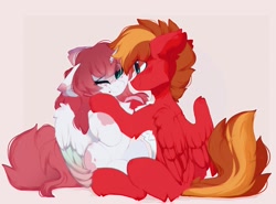 Size: 1758x1300 | Tagged: safe, artist:little-sketches, oc, oc only, oc:noxori, alicorn, pegasus, pony, alicorn oc, beauty mark, blaze (coat marking), butt fluff, cheek fluff, chest fluff, coat markings, colored eartips, colored wings, colored wingtips, duo male and female, ear fluff, eye clipping through hair, eyebrows visible through hair, female, floppy ears, freckles, heart, horn, leg fluff, looking at each other, male, mare, oc x oc, one eye closed, partially open wings, passepartout, pegasus oc, pegasus wings, raised hoof, red coat, red mane, red tail, shipping, sitting, smiling, splotches, stallion, touching, touching face, two toned mane, two toned tail, unicorn horn, white coat, wings