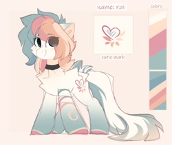 Size: 1924x1624 | Tagged: safe, artist:little-sketches, oc, oc only, oc:rai, earth pony, pony, butt fluff, cheek fluff, chest fluff, choker, coat markings, color palette, colored hooves, cutie mark, earth pony oc, eye clipping through hair, eyebrows visible through hair, female, floppy ears, hair over one eye, leg fluff, mare, multicolored mane, passepartout, raised eyebrow, reference sheet, smiling, socks (coat markings), solo, standing, two toned tail