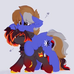 Size: 1436x1428 | Tagged: safe, artist:little-sketches, oc, oc only, oc:axtus, alicorn, pony, unicorn, alicorn oc, bat wings, blue coat, butt fluff, cheek fluff, chest fluff, choker, colored hooves, duo male and female, ear fluff, eye clipping through hair, eyebrows visible through hair, fangs, female, floating heart, floppy ears, gem, gray background, hair over one eye, heart, highlights, hoof on head, horn, leg fluff, looking at each other, male, mare, oc x oc, on top, one eye closed, raised hoof, shipping, simple background, smiling, snaggletooth, socks (coat markings), stallion, two toned mane, two toned tail, unicorn horn, unicorn oc, unshorn fetlocks, wings