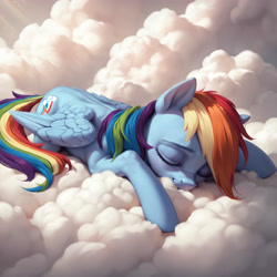 Size: 5120x5120 | Tagged: safe, imported from twibooru, rainbow dash, pegasus, pony, 1:1, ai generated, cloud, eyes closed, female, generator:autismmixpony, image, mare, needs more jpeg, on a cloud, prompt in description, prompter:derp621, sleeping, solo