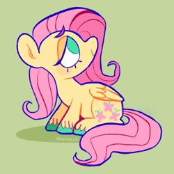 Size: 2048x2048 | Tagged: safe, artist:alexbeeza, imported from derpibooru, fluttershy, pegasus, pony, blush sticker, blushing, colored hooves, female, folded wings, green background, hooves, looking up, mare, signature, simple background, sitting, smiling, solo, tail, unshorn fetlocks, wings